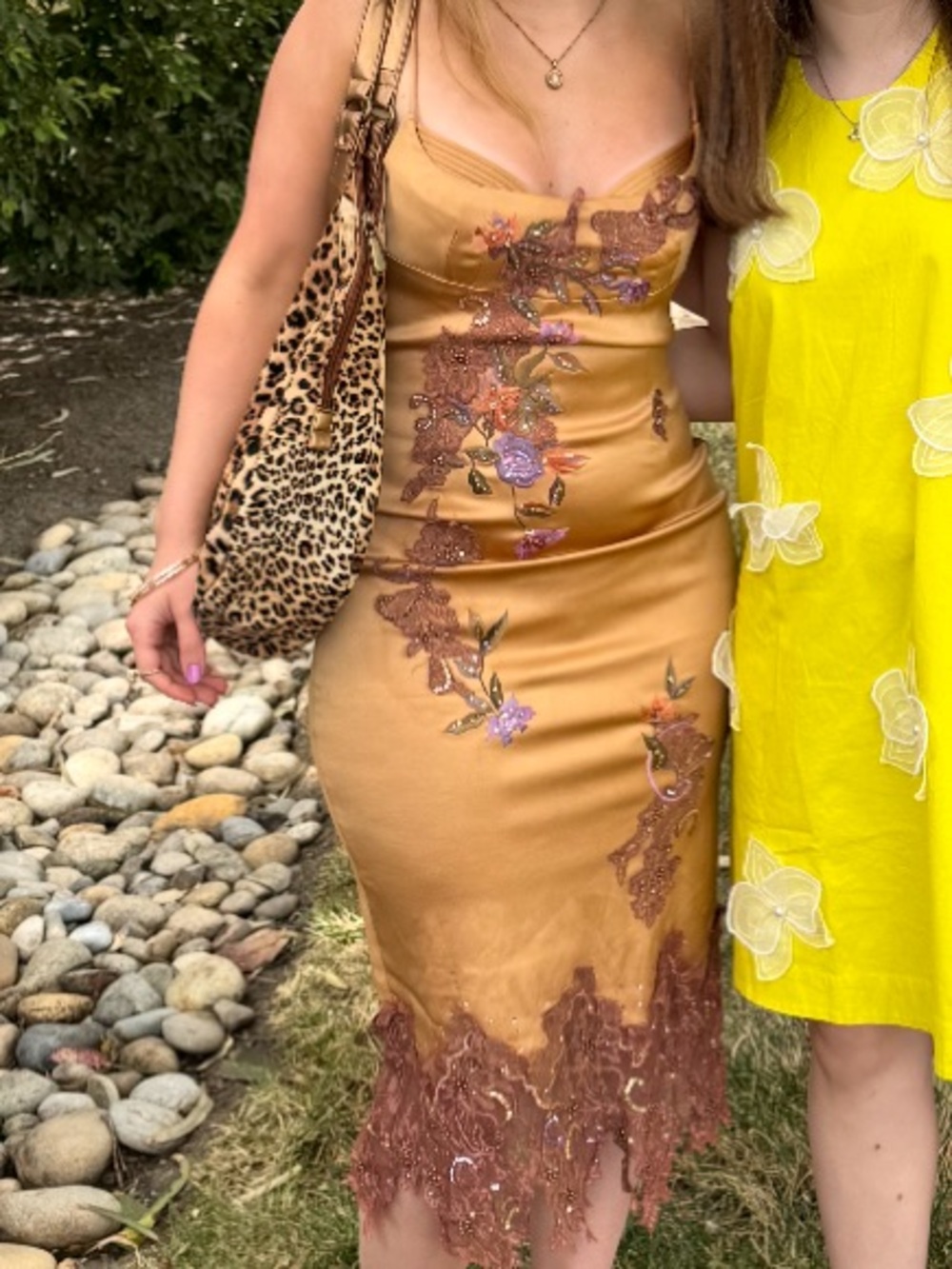 Gold Satin Lace Slip Dress with Floral Appliqué Mandalay Designs